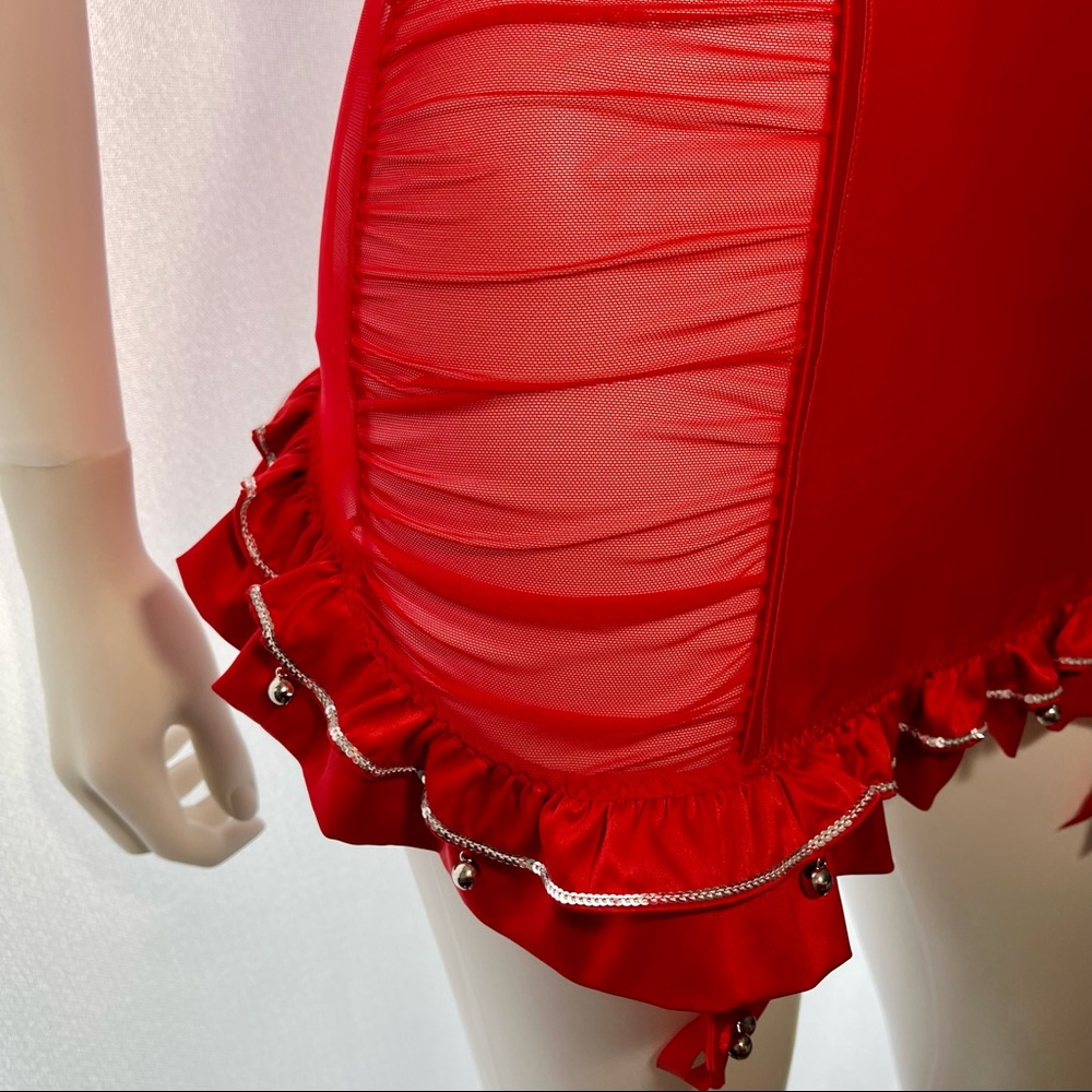 34B VS Victoria’s Secret Red Bow Babydoll Garter jingle bell nightie dress slip - Picture 6 of 16